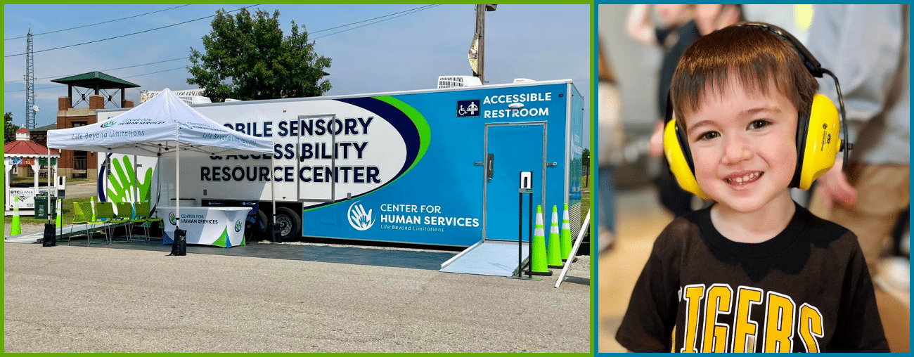 Access Resources Web Cover (2) A mobile sensory accessibility resource center trailer with an accessible restroom is parked outdoors under a tent with chairs. Next to it, a young boy wearing yellow noise-canceling headphones smiles at the camera.