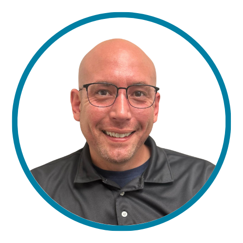 Ben is seen smiling wearing a dark collared shirt inside a teal circular frame.