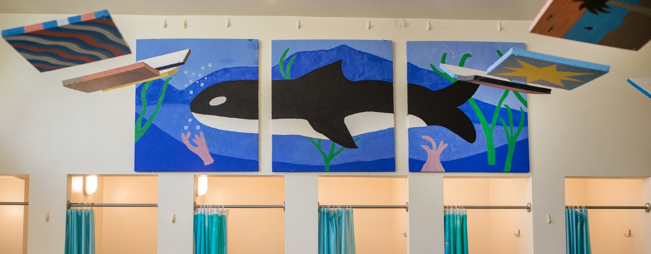 Center for Human Services Aquatics facility walls including a mural of an orca whale