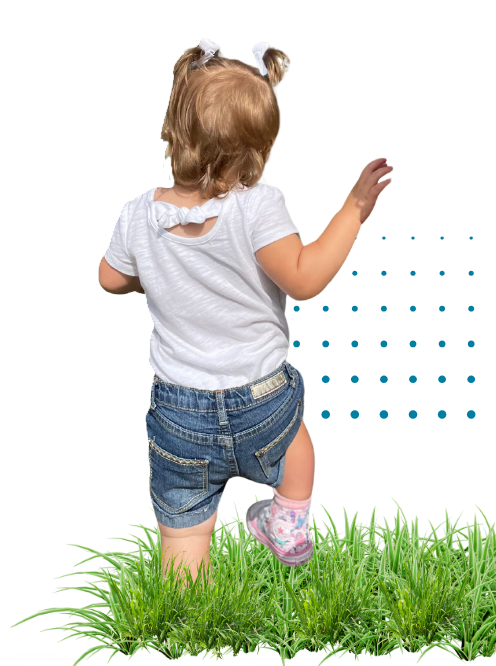 A little girl with pigtails is walking in grass